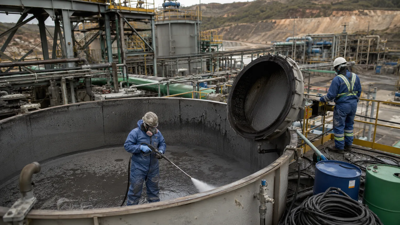 Crew in protective equipment cleaning the interior of an industrial tank near a mining site